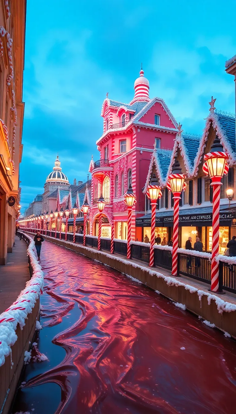 A picturesque European city with a canal and colorful buildings at night.