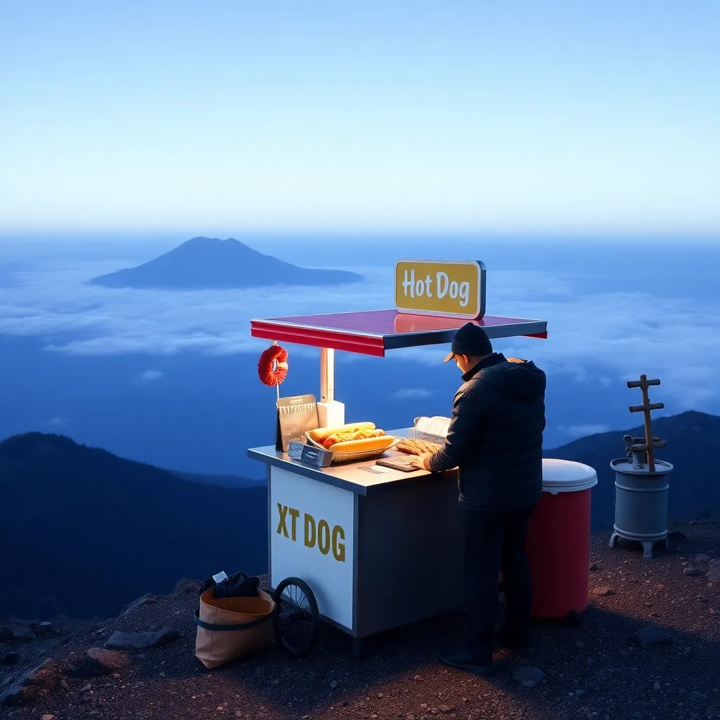 A person selling hot drinks from a cart on a mountaintop with a volcano in the background.