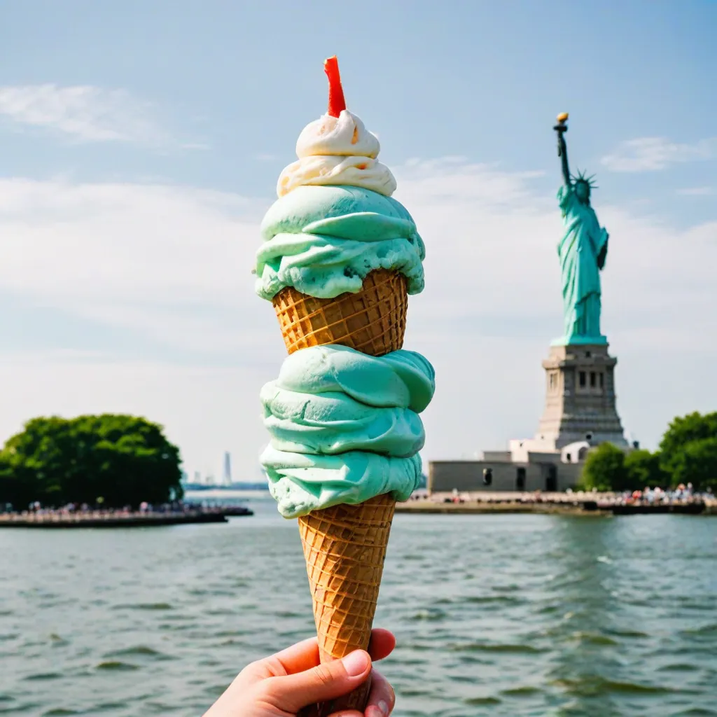 A hand holding two ice cream cones shaped like the Statue of Liberty.