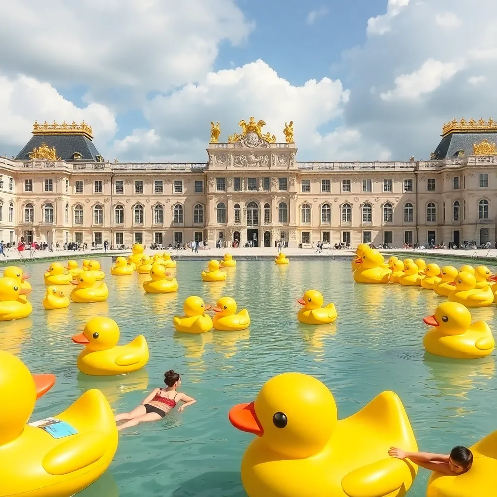 A pond filled with rubber ducks in front of a palace.