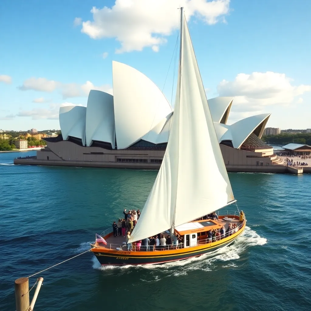 A sailboat sailing past the Sydney Opera House.