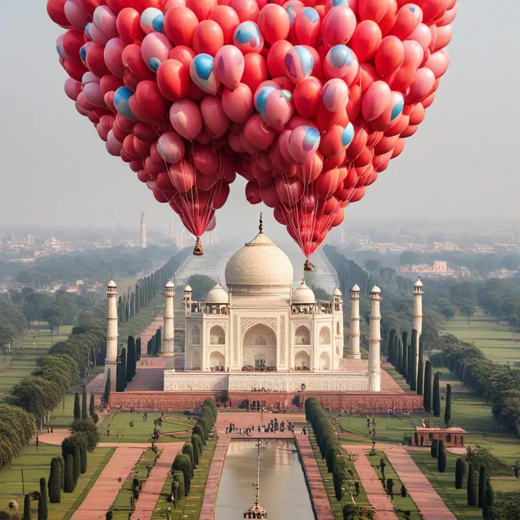 A hot air balloon flying over the Taj Mahal.