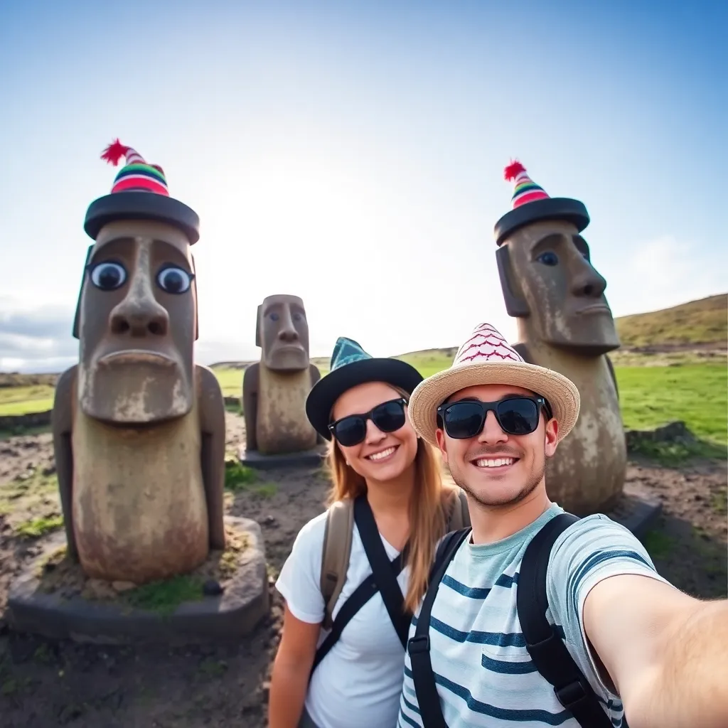 A couple taking a selfie with the Moai statues on Easter Island.