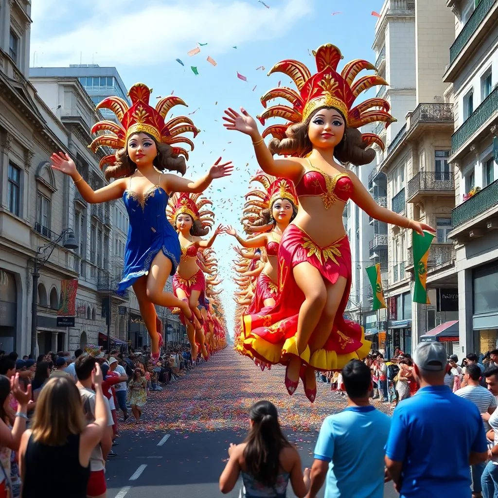 A colorful carnival parade with dancers in costumes.