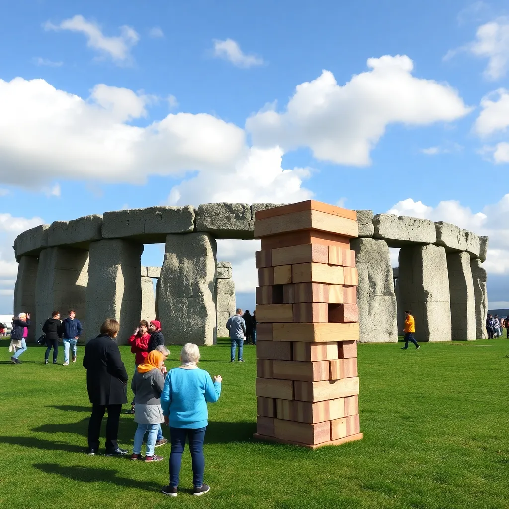 A group of people standing near a stone circle monument.