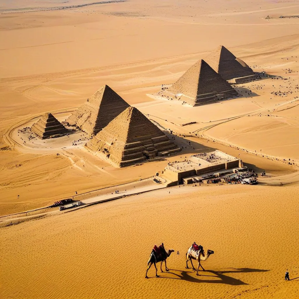 The Great Pyramids of Giza with a camel in the foreground.