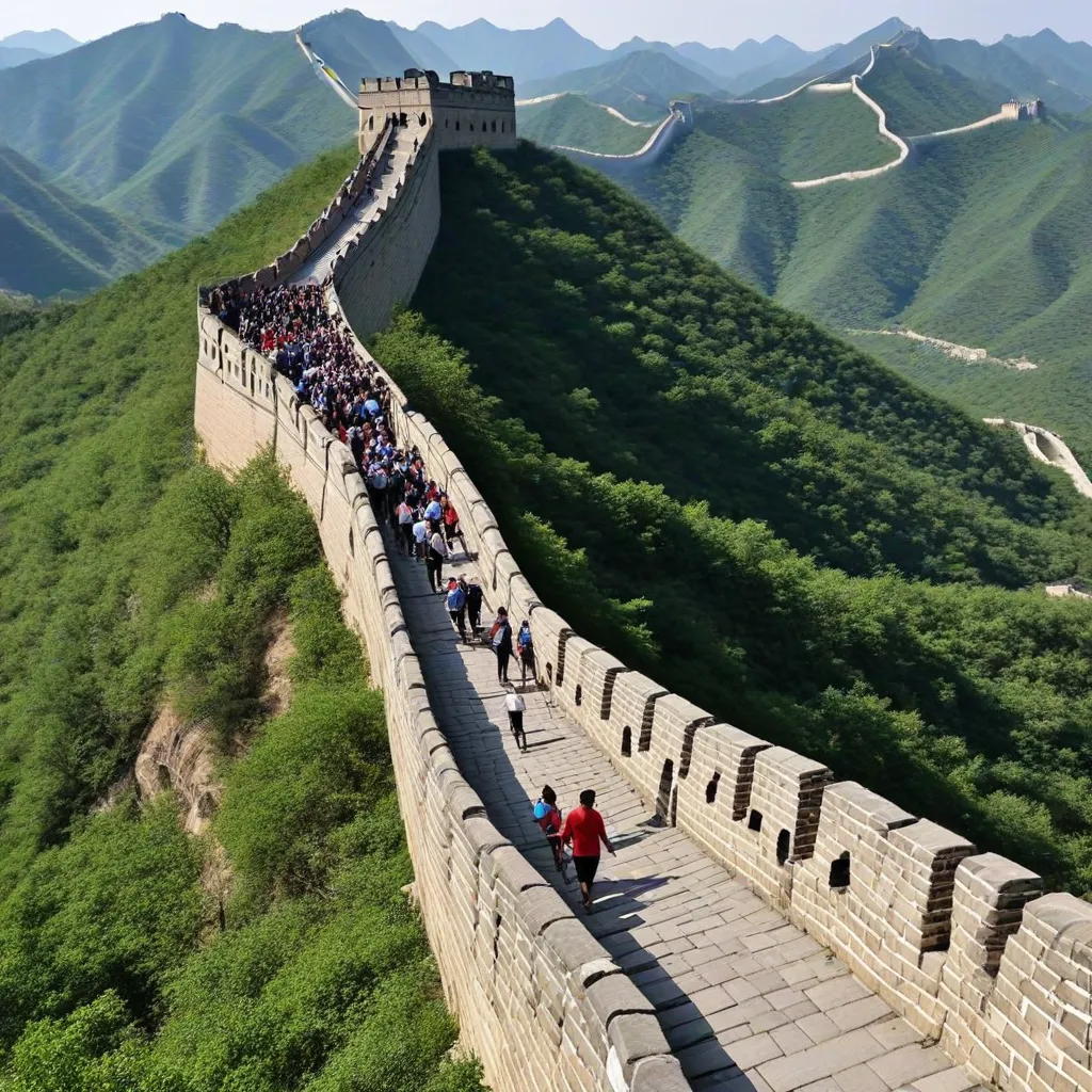 People walking along the Great Wall of China.