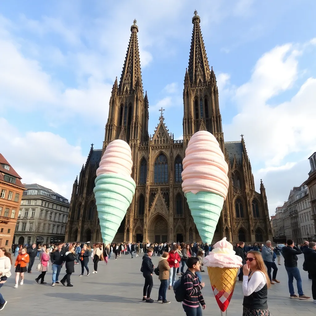 A photo of the Cologne Cathedral with ice cream cones in front.