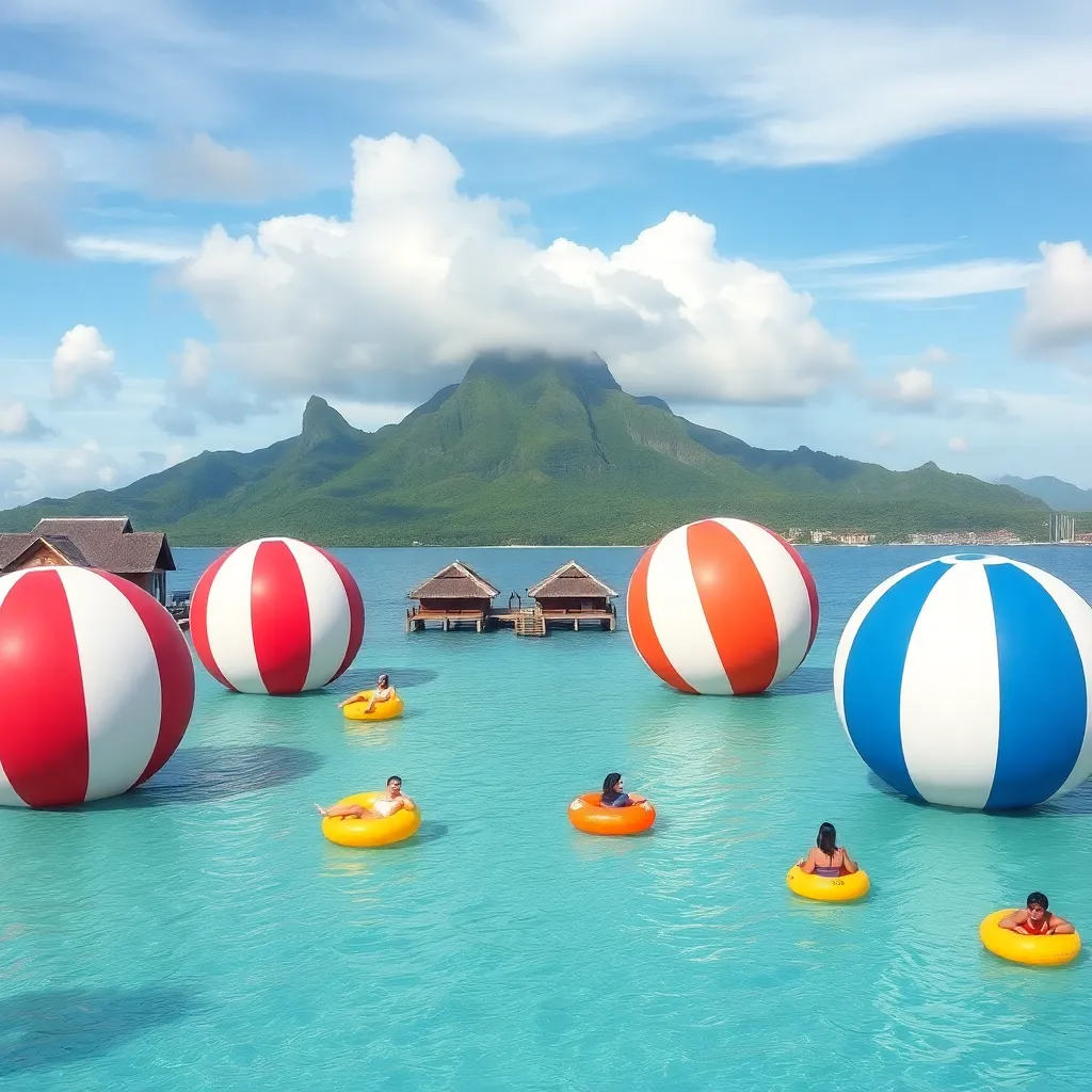 A tropical beach scene with colorful beach balls and people on inflatable boats.