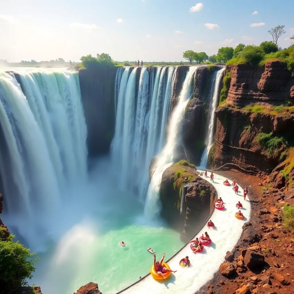 A photo of the Victoria Falls with a raft in the foreground.