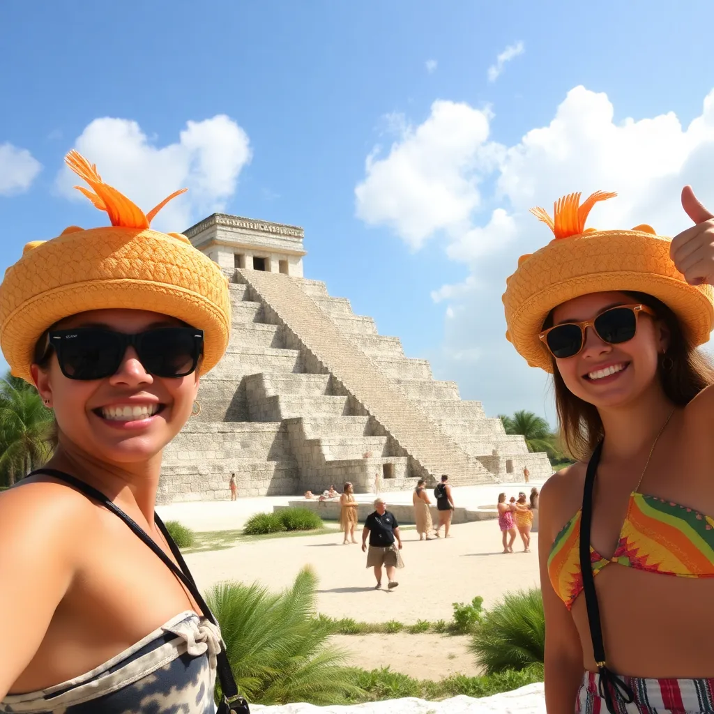 Two people wearing funny hats, taking a selfie in front of the Chichen Itza pyramid.