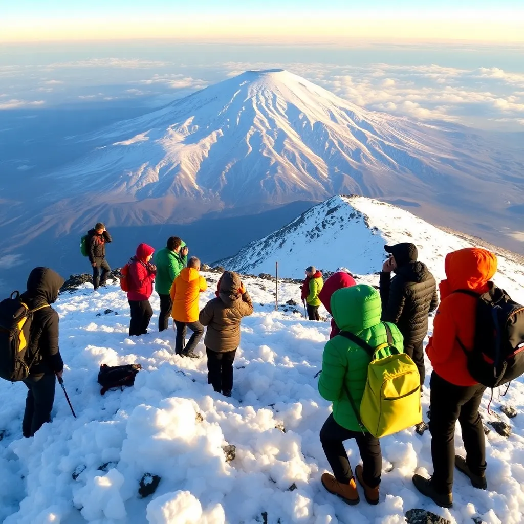 A group of hikers on a snowy mountain, with a volcano in the background.