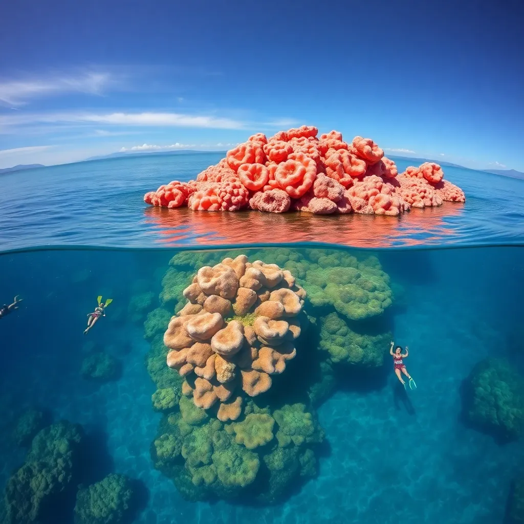 A coral reef underwater, with a pink coral formation above the waterline.