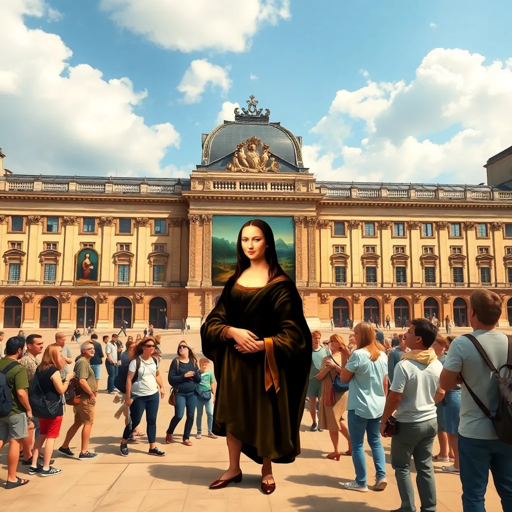 A crowd of people gathered in front of the Mona Lisa painting.