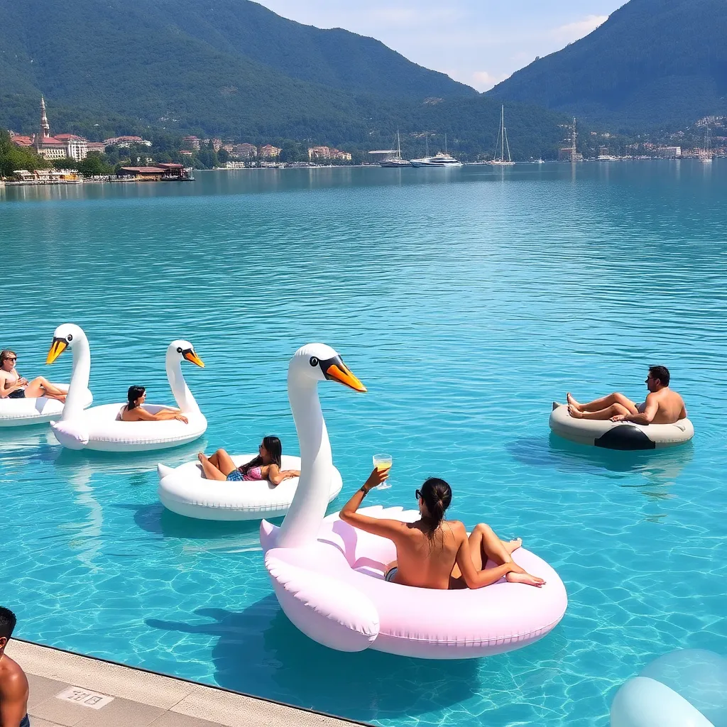 People enjoying a sunny day on a lake with swan-shaped inflatable boats.