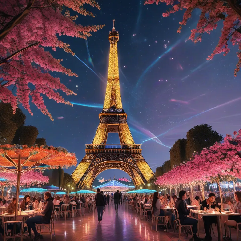 Eiffel Tower illuminated at night with cherry blossoms