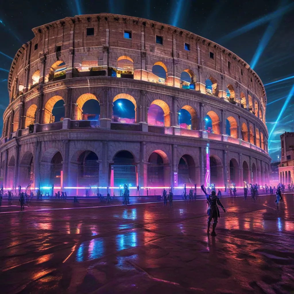 Colosseum illuminated with colorful lights at night