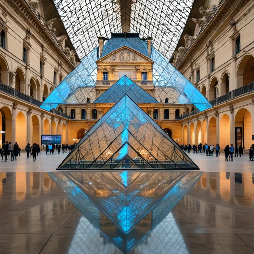 The Louvre Pyramid illuminated with blue light