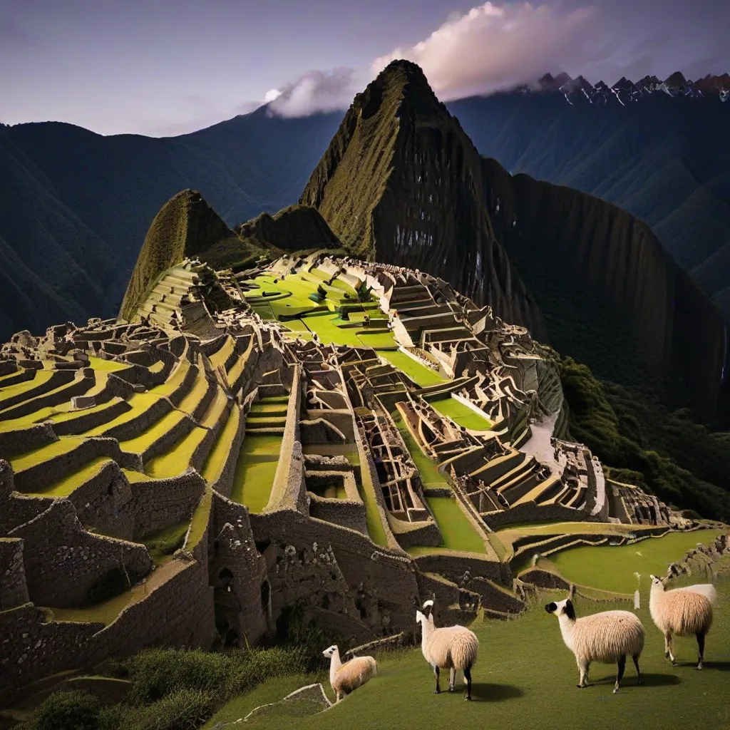 Machu Picchu ruins with llamas in the foreground