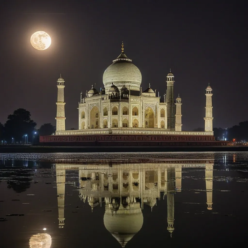 Taj Mahal at night with a full moon