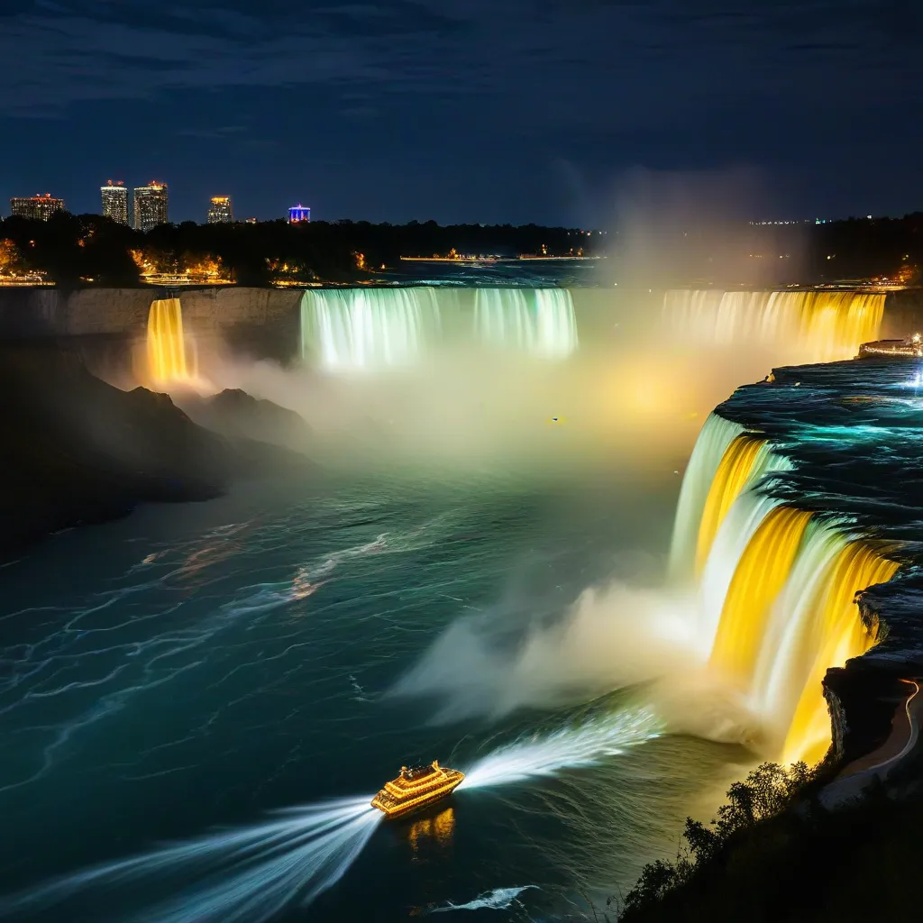 Niagara Falls illuminated at night with a boat in the foreground