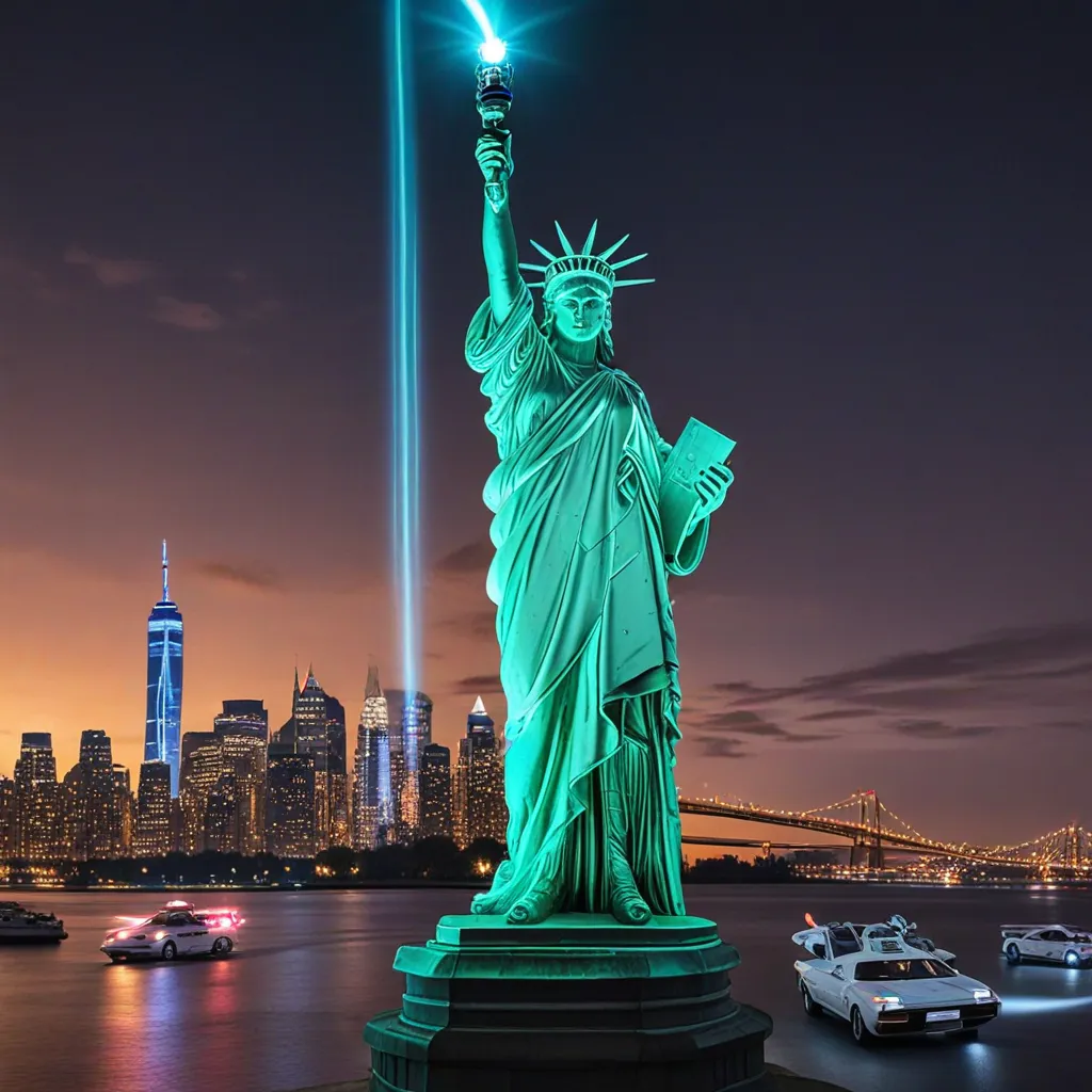 Statue of Liberty illuminated at night with the New York City skyline in the background