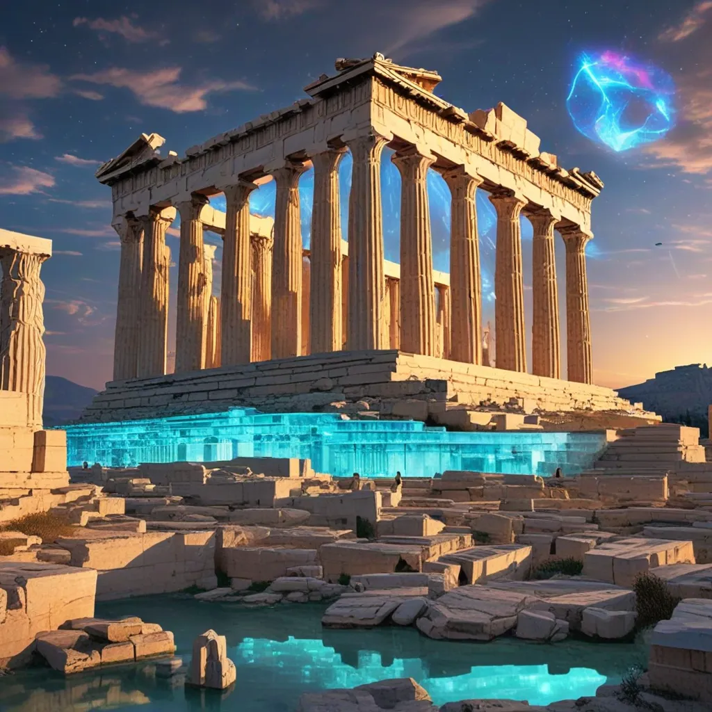 Parthenon at night with a glowing orb above it