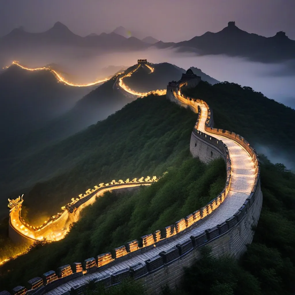 The Great Wall of China winding through mountains at night