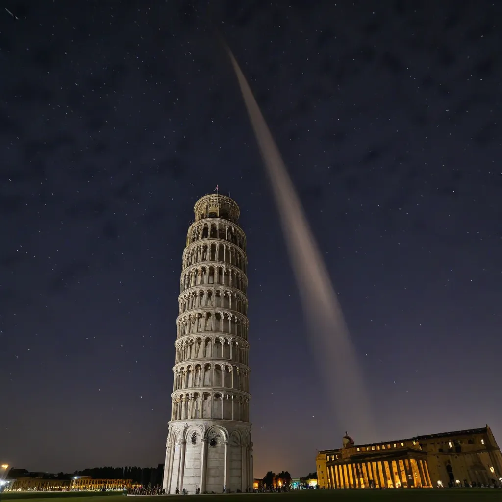 Leaning Tower of Pisa with a shooting star in the sky