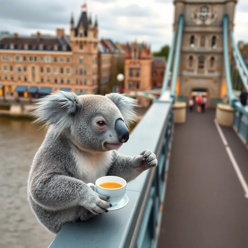 A koala sitting on a city bridge railing, holding a cup of coffee.