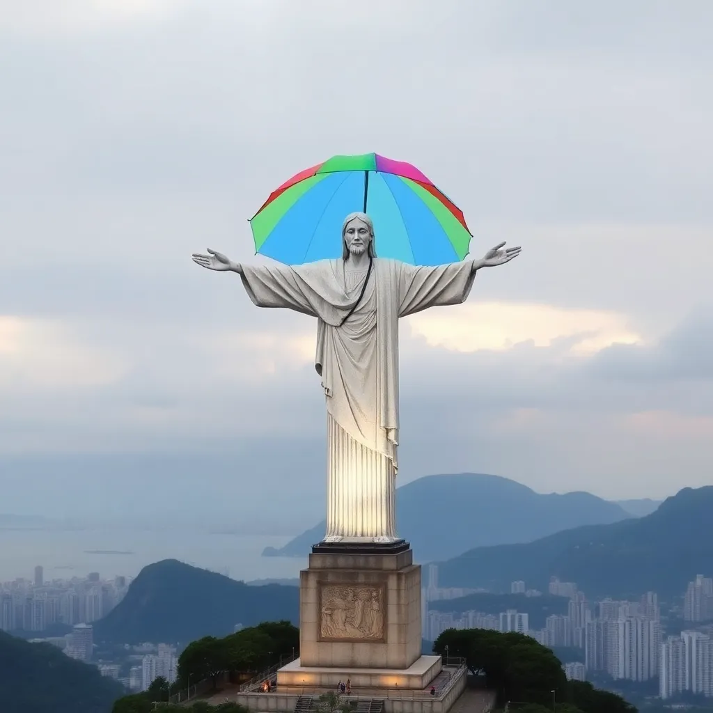 The Christ the Redeemer statue with a rainbow umbrella