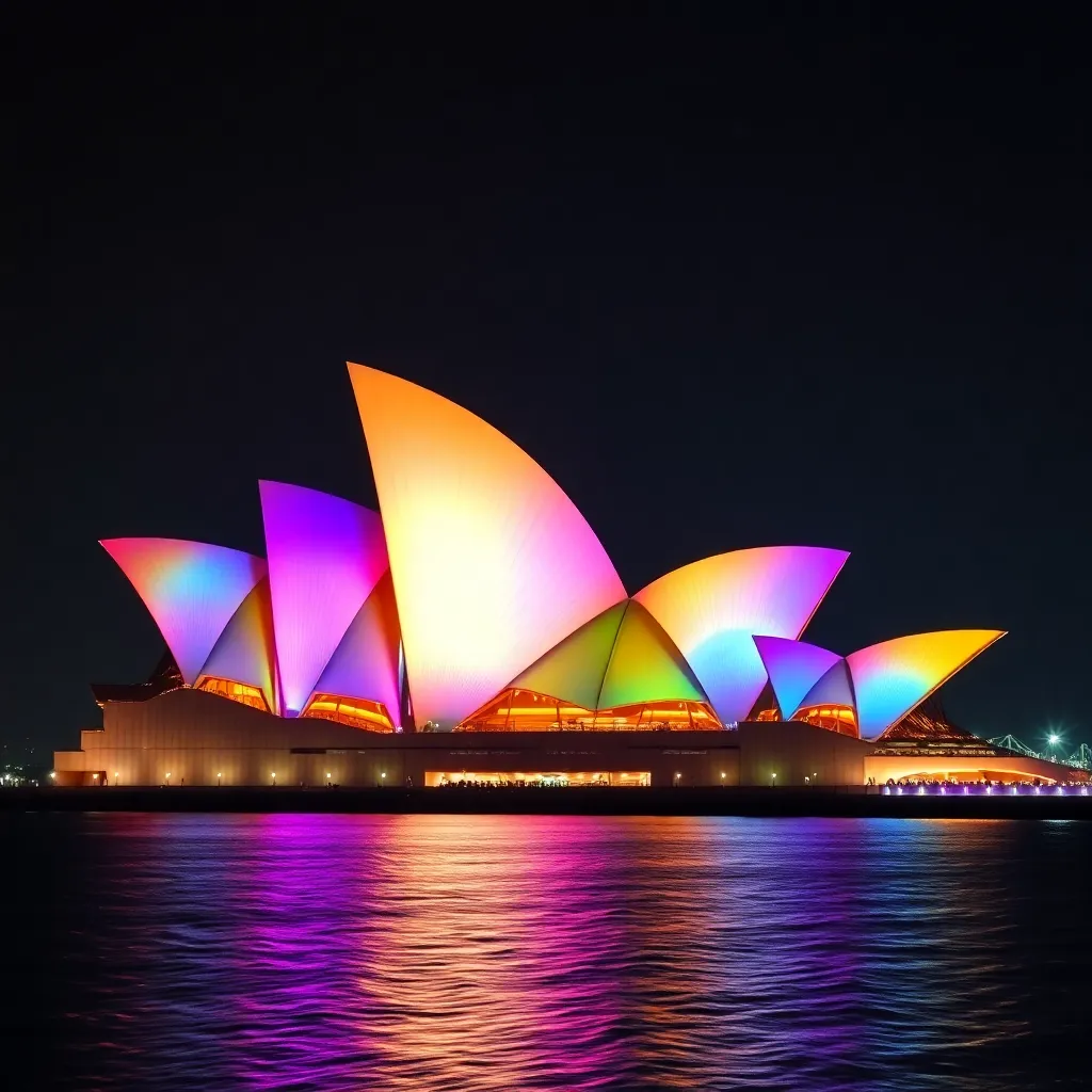 Sydney Opera House with colorful lights