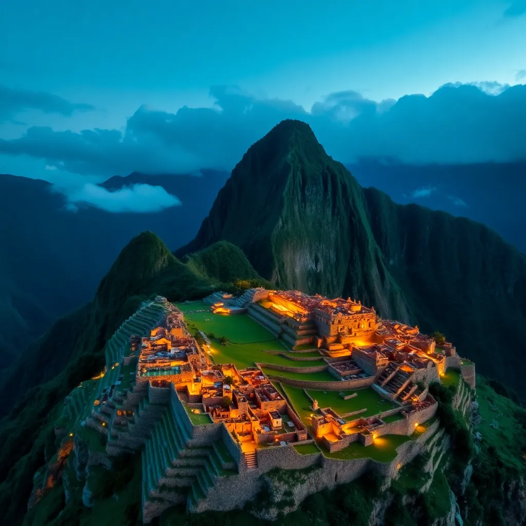 Machu Picchu ruins illuminated at night