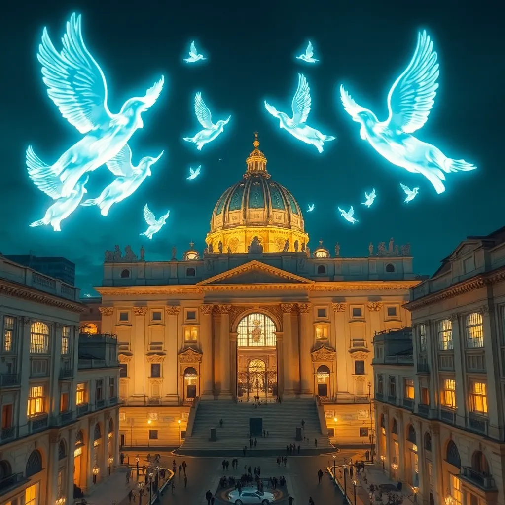 St. Peter's Basilica with glowing doves flying above it