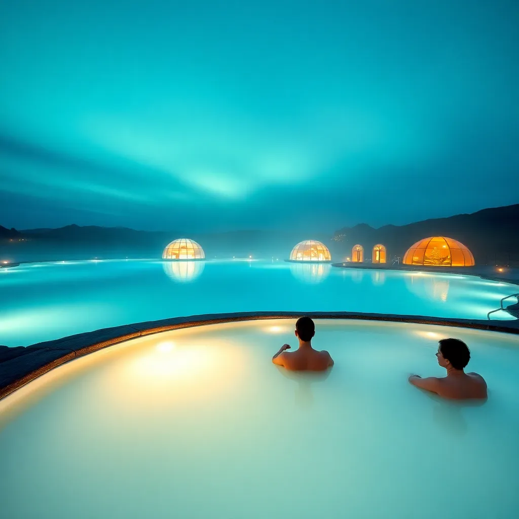 Person relaxing in a hot spring with the Northern Lights in the sky