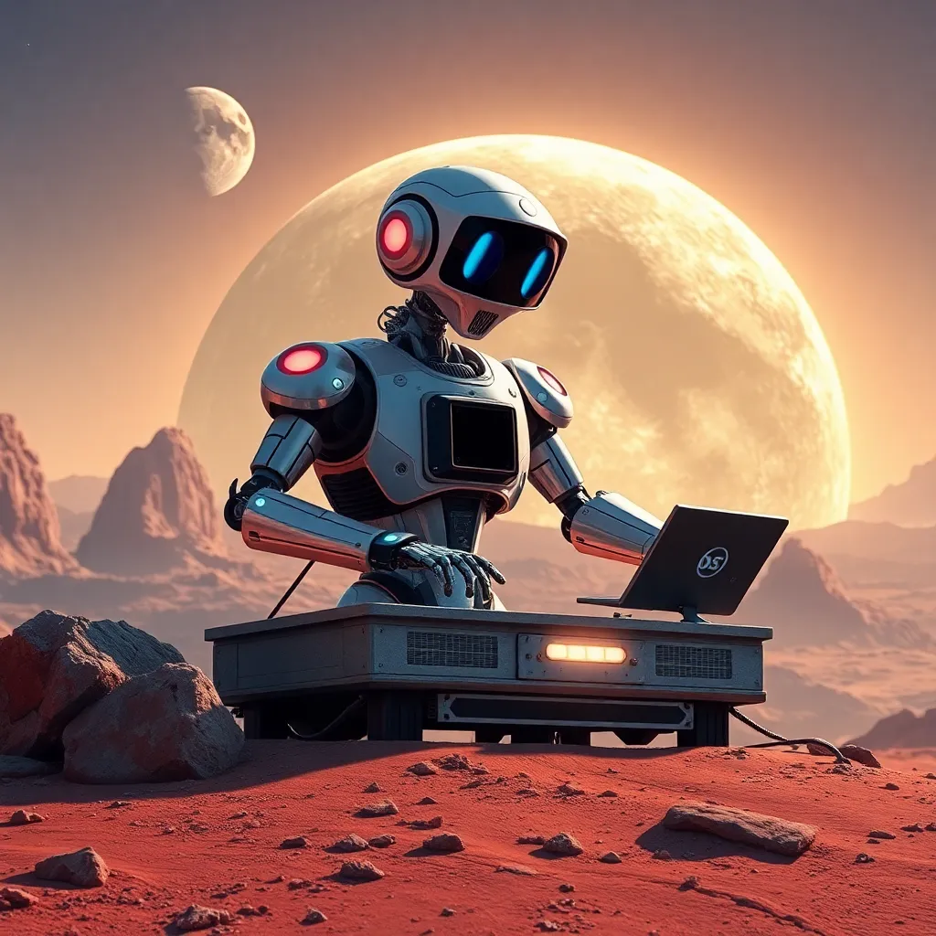 Robot working on a laptop at a desk on a rocky surface with a large moon in the background.