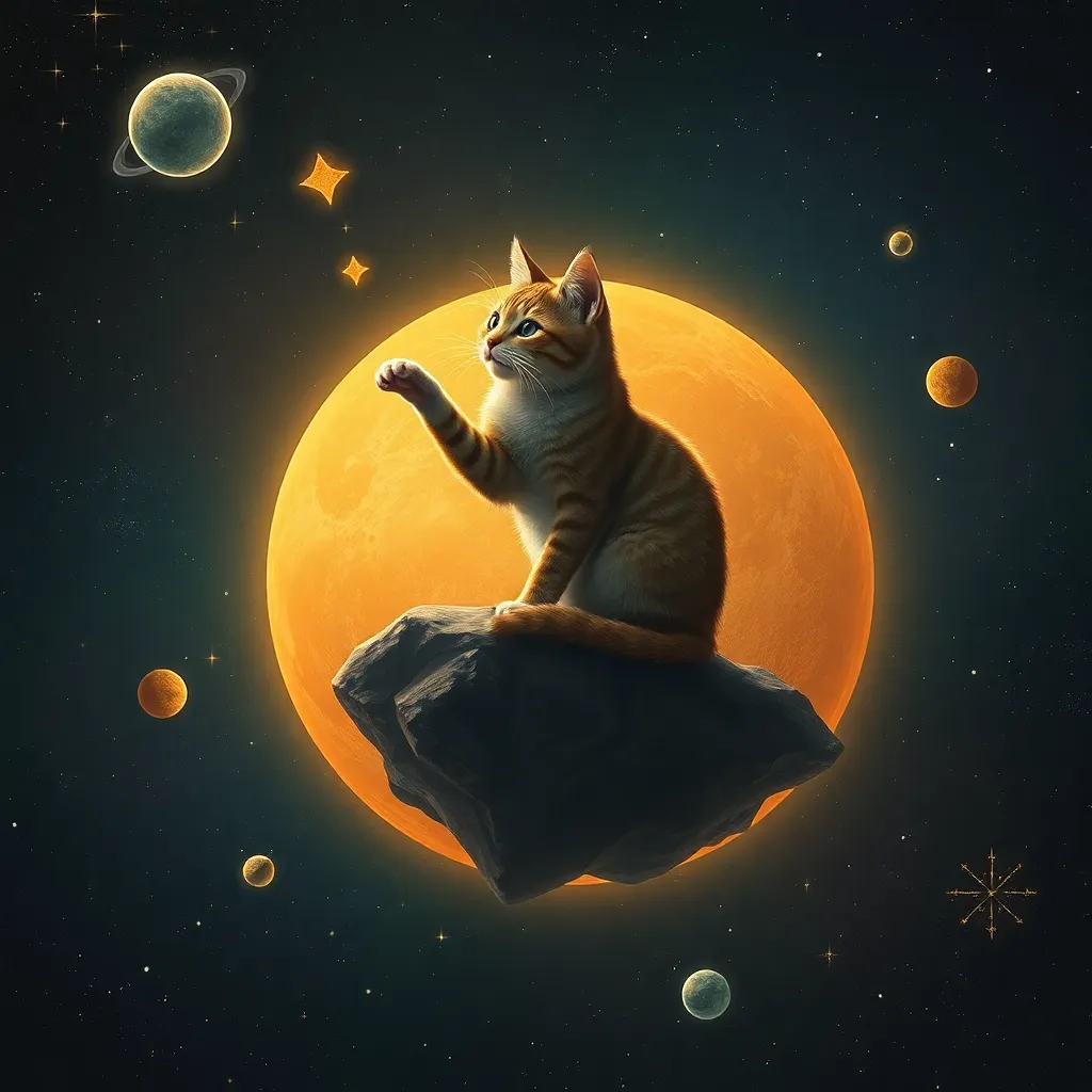 Cat silhouette sitting on a cloud-like rock with a bright orange planet and stars in the background.