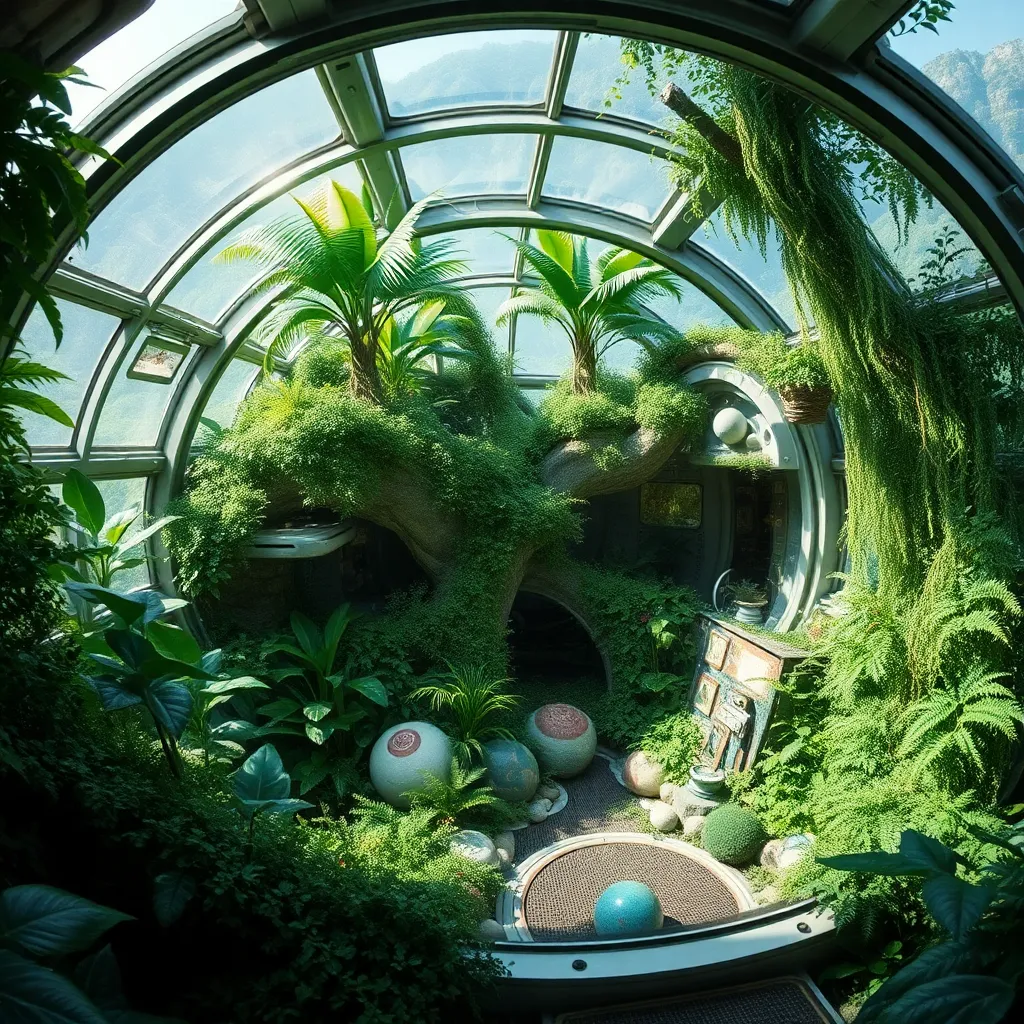 Interior of a greenhouse with lush plants and a domed glass ceiling showing a planet and stars.