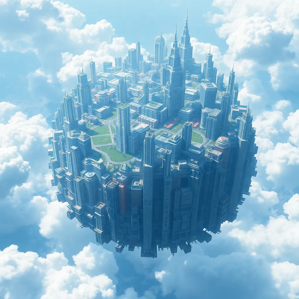 Floating city in the sky surrounded by clouds.