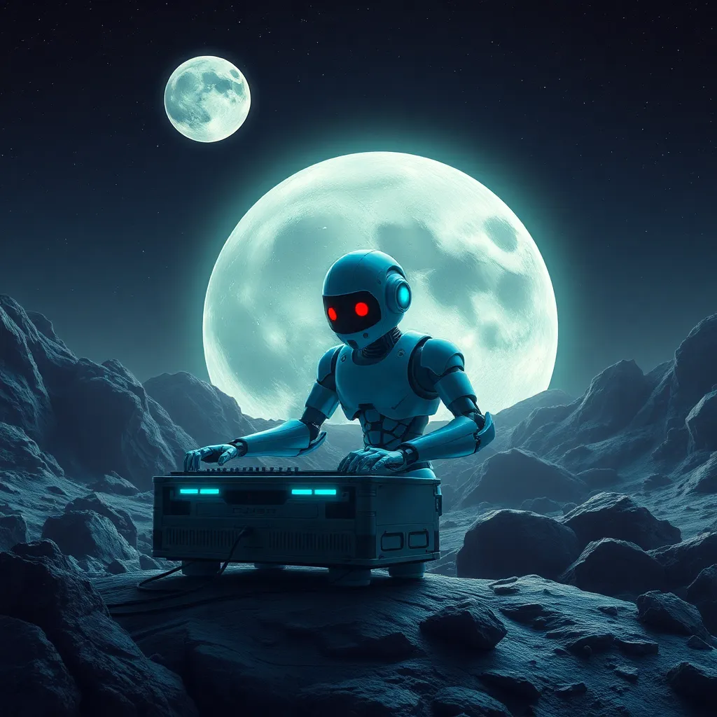 Figure sitting on a rocky surface with a large, glowing moon in the background.