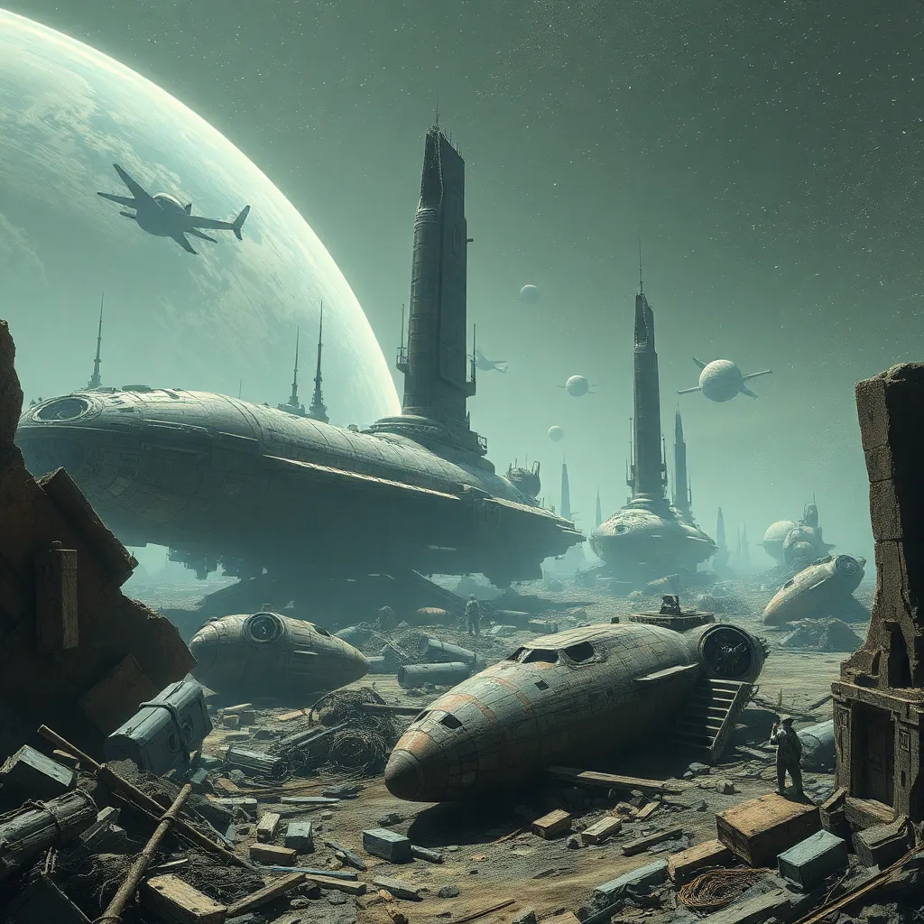 Large spaceship or structure on a desolate planet with a figure standing nearby.