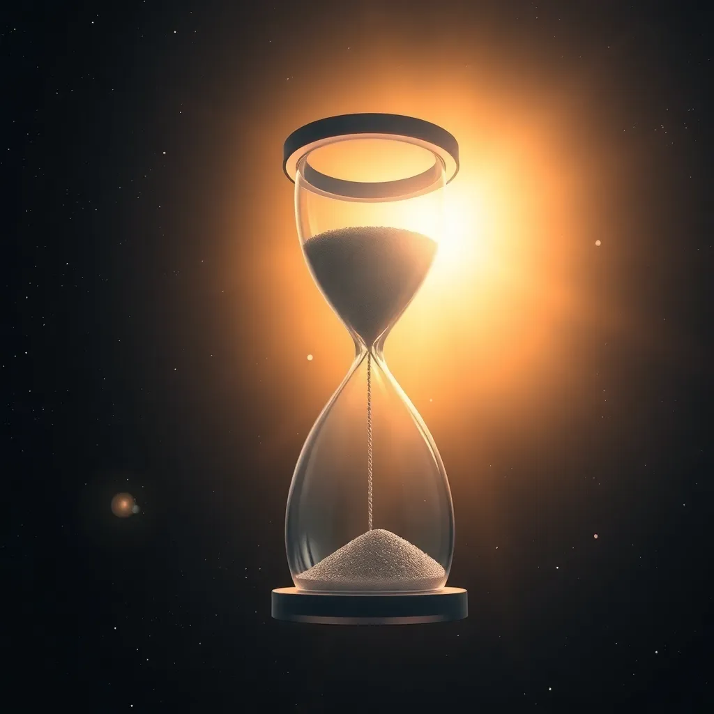 Glowing hourglass against a dark background with a bright light source behind it.