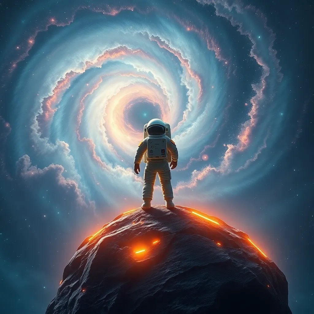 Figure standing on a rock looking at a swirling galaxy.