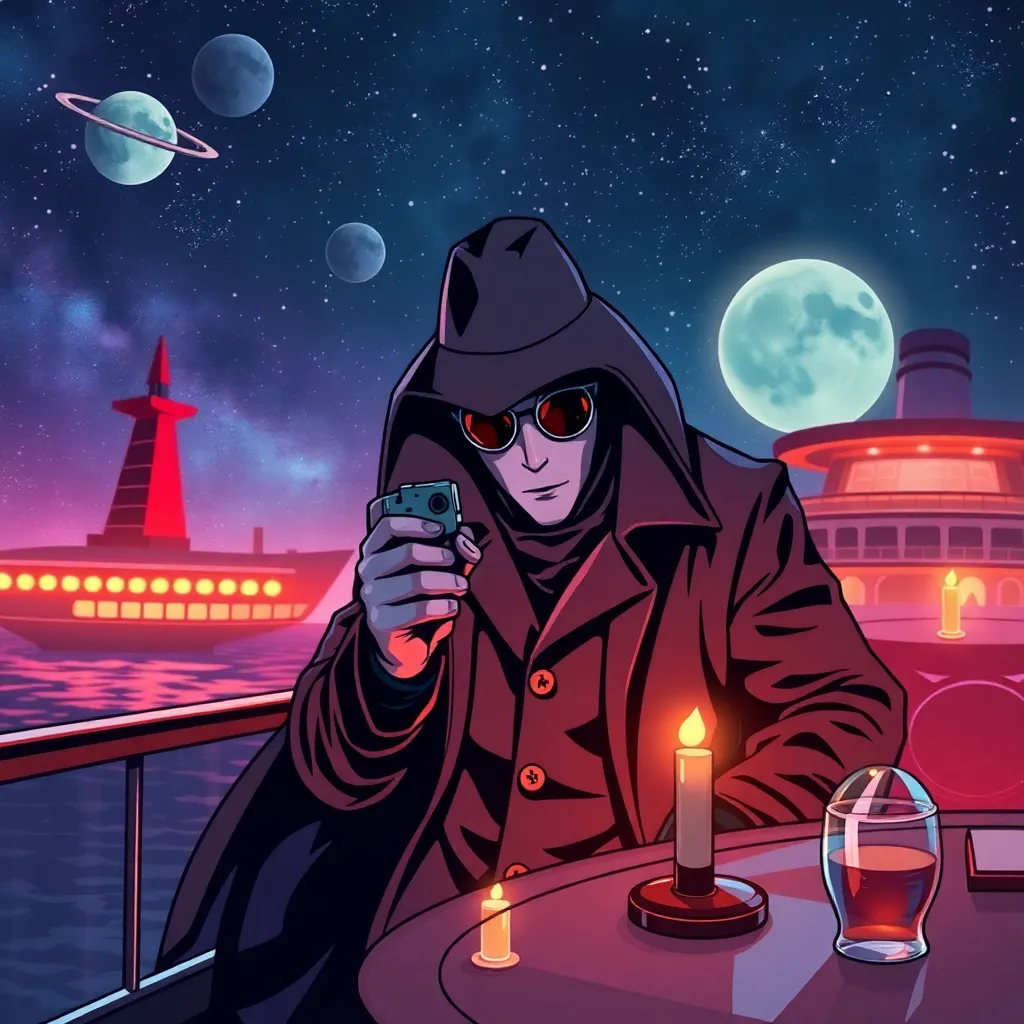 Figure in a robe on a balcony with a city and planets in the background.