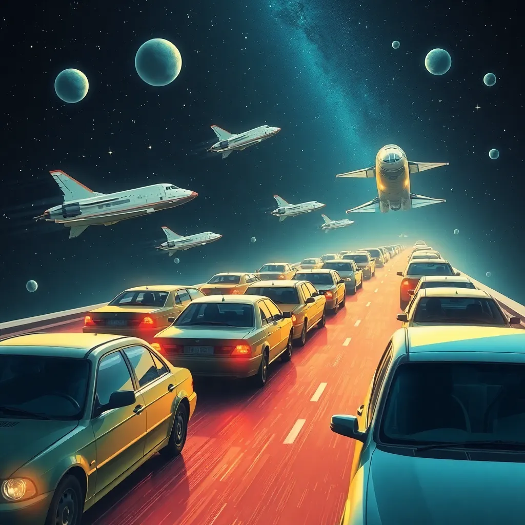 Cars driving on a road with spaceships flying overhead, against a blue sky with planets.