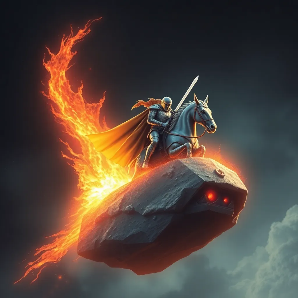 Figure on a flaming asteroid with a sword, against a dark background.