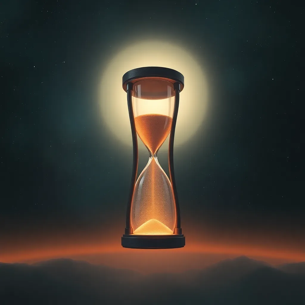 Glowing hourglass on a dark background.