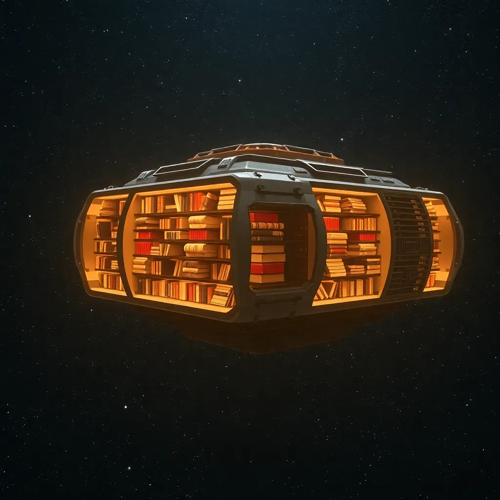 Spaceship with glowing orange lights against a dark space background.