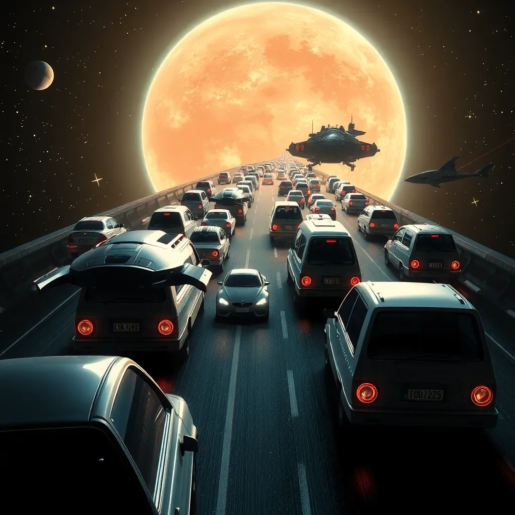 Large spaceship with many smaller ships attached, flying towards a large, orange planet.