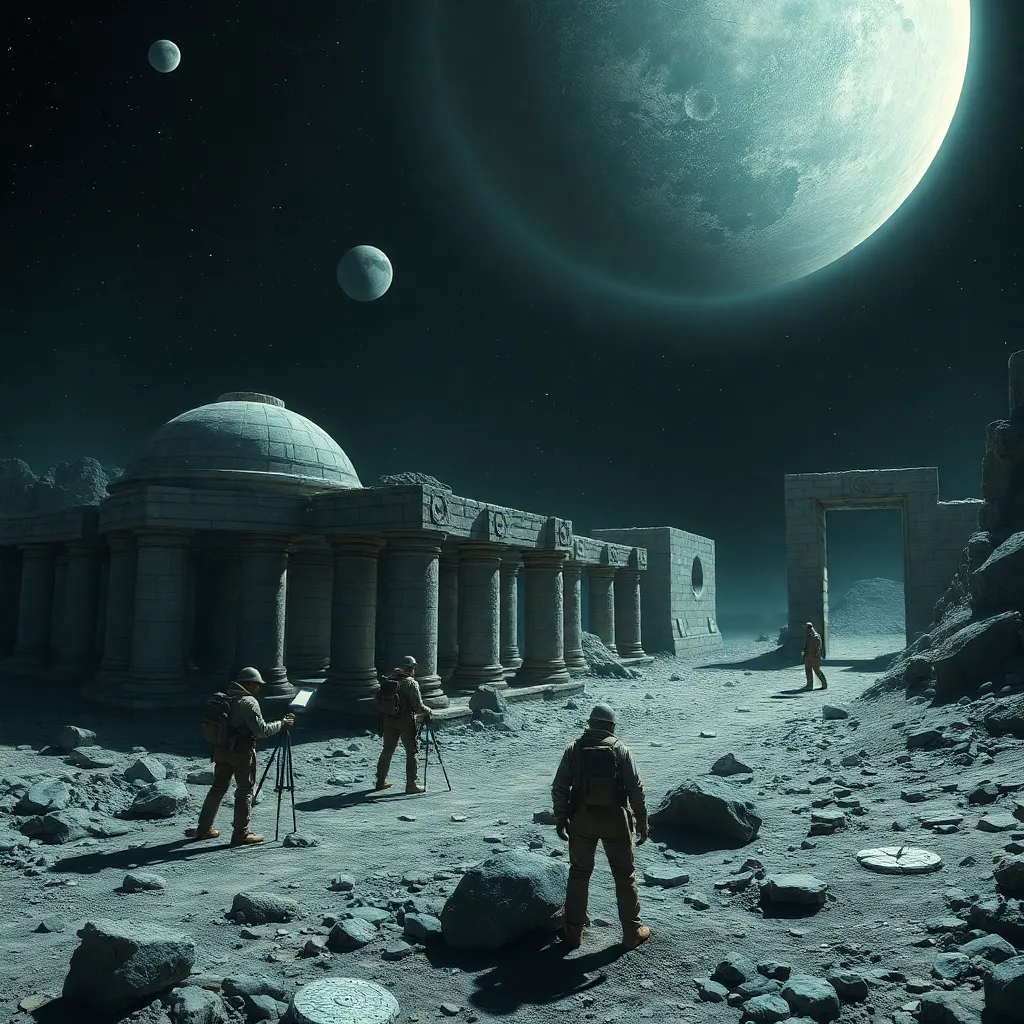 Person standing in front of a large structure with columns on a desolate planet with a moon in the background.